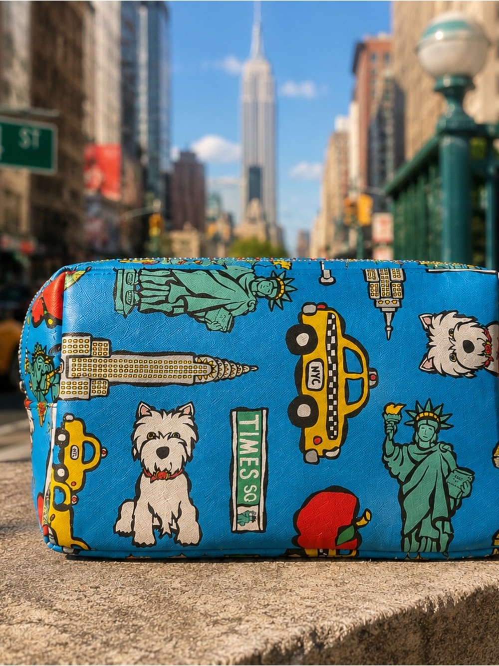 Marc Tetro New York City Westie Cosmetic Bag Times Square Blue Saffiano Pouch